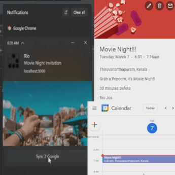 A collage of 3 pictures where the application Readsync's workflow is revealed. At the left there's the chrome browser notification that is shown on windows. And to the right, we have two pictures, where on the top it shows google calendar event details on a particular day, and just below it is the image of the event placed in the calendar.